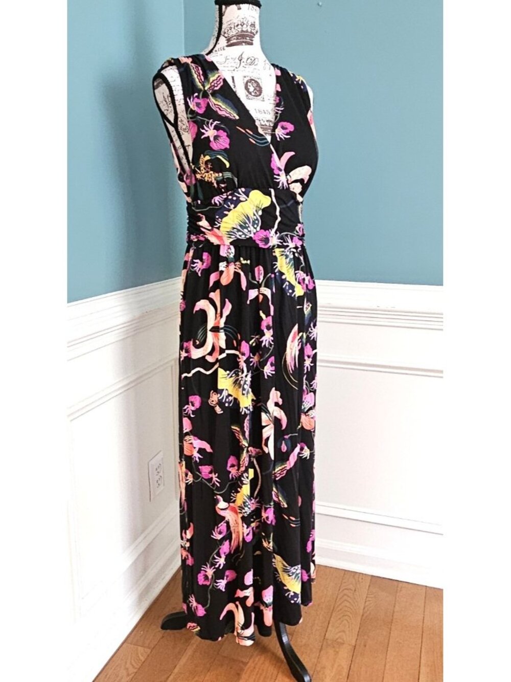 Soma Black XL Tropical Floral Cotton Knit Faux Wrap Maxi Dress